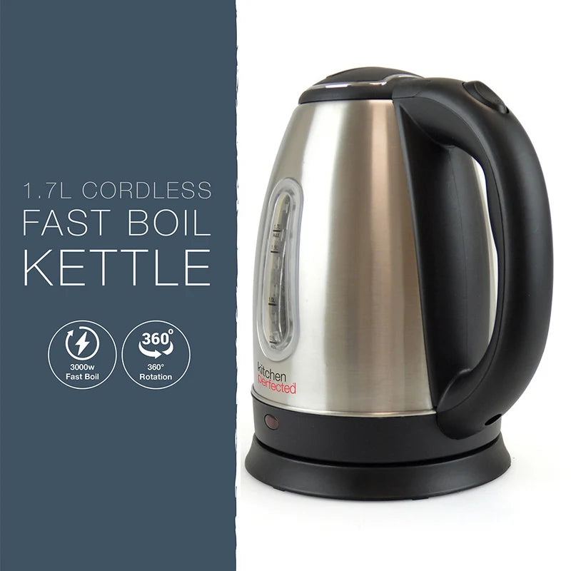Kitchen Perfected Cordless Kettle 1.7L Brushed Steel - Fast Boil 3000W