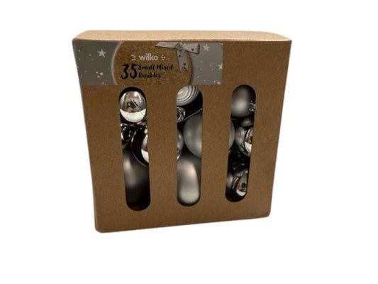 Box of 35 Small Decorative Baubles – Festive Ornament Set, Colour Options – Silver
