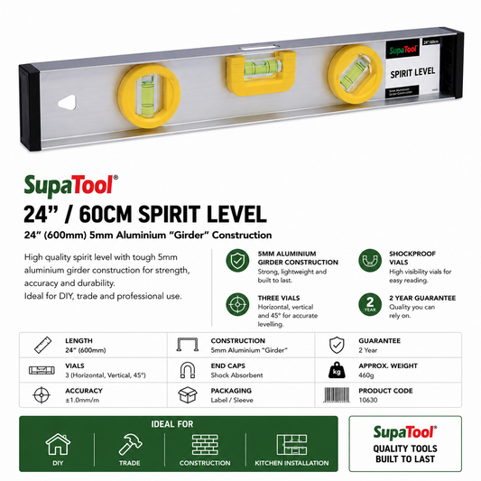 SupaTool 24"/60cm Spirit Level – 600mm Aluminium Girder Level