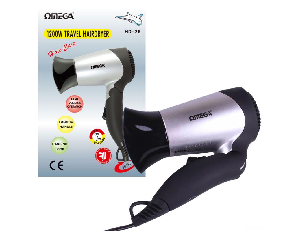 Omega Dual Voltage 1200W Folding Handle Travel Hair Dryer