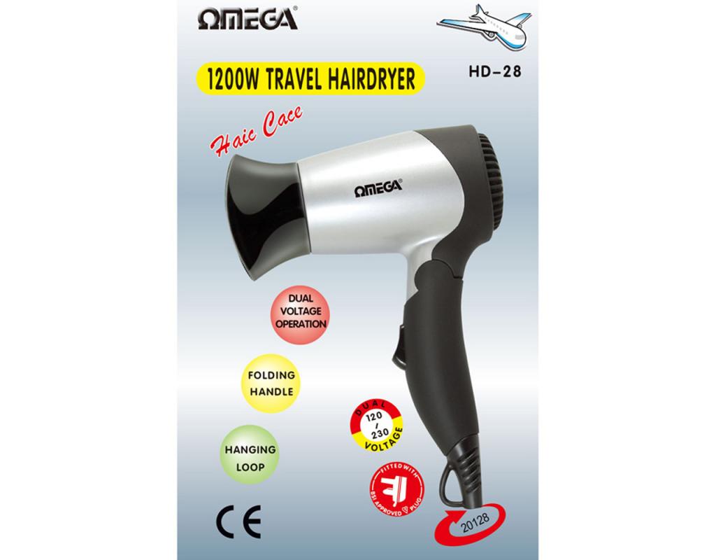 Omega Dual Voltage 1200W Folding Handle Travel Hair Dryer