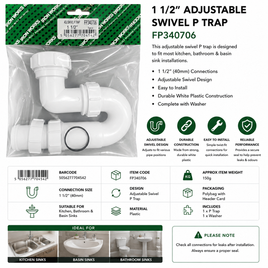 Iron Works 1 1/2" Adjustable Swivel P Trap FP340706 – 40mm Sink Waste Trap