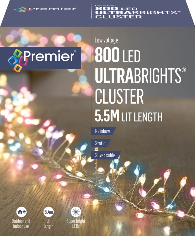 Premier 800 LED Ultrabright Cluster Lights - Rainbow/Silver Wire