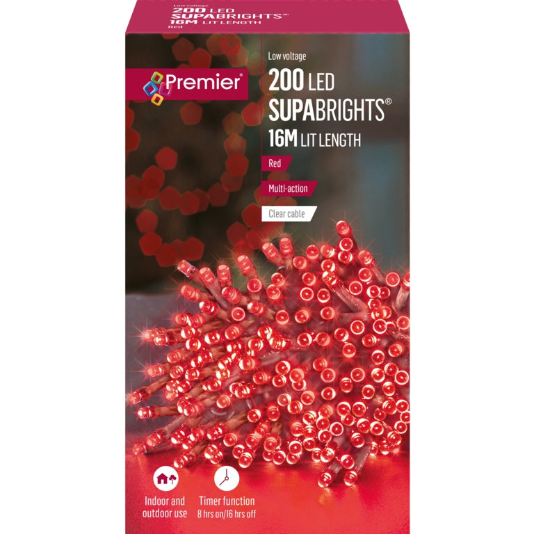 Premier 200 LED Multi Action Supabrights With Timer - Red Clear Cable