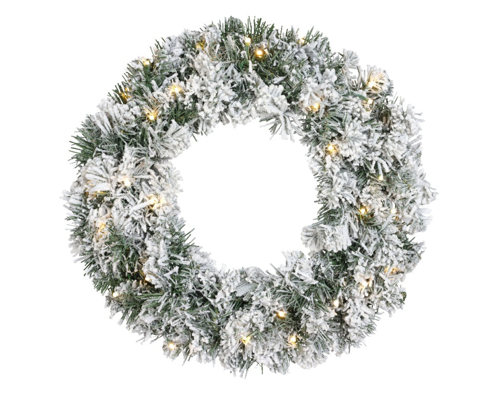 Kaemingk Imperial Snowy Green Wreath – 50cm Pre-Lit with Warm White LEDs