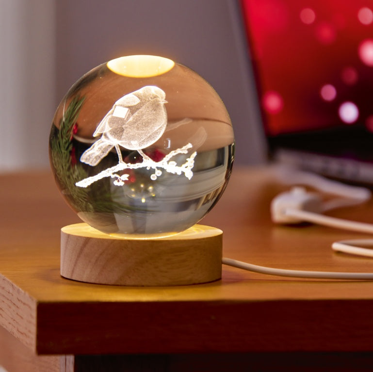 Premier USB Lit 3D Etched Glass Ball With Robin - 8cm
