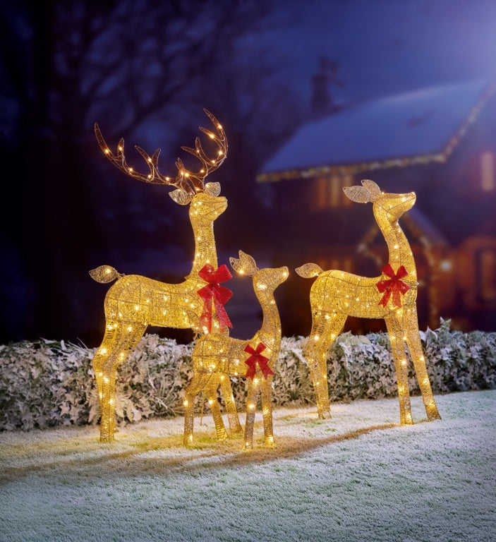 Premier Set Of 3 Lit Gold Glitter Fabric Deer - 1.4m