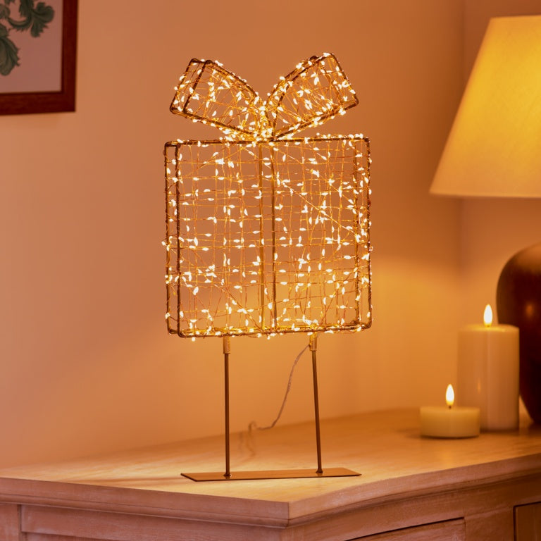 Premier Twinkling Lit Rose Gold Table Top Parcel - 45cm