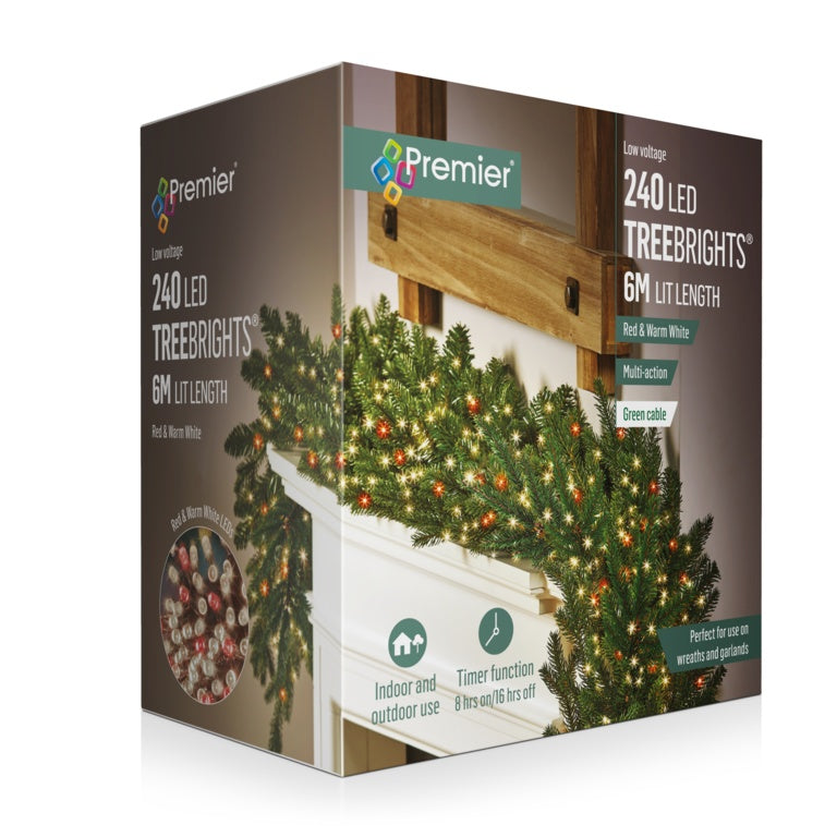 Premier 240 LED Multi Action Treebrights With Timer - Red/Warm White- Green cable