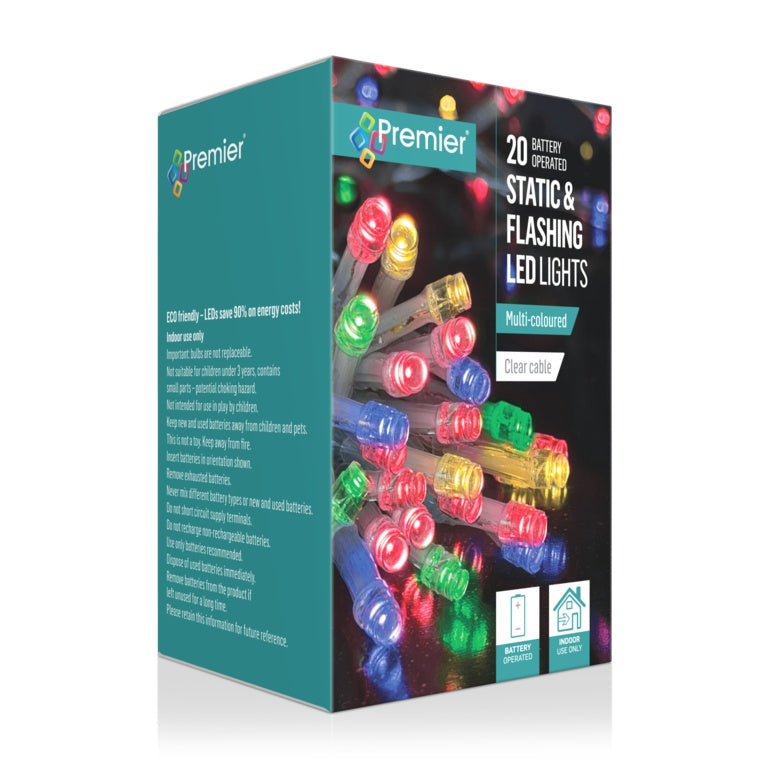 Premier 20 Static & Flashing LED Lights - Multi Coloured/Clear Cable