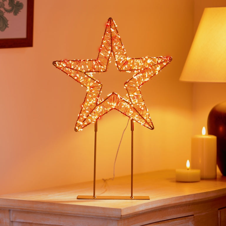Premier Twinkling Lit Gold Table Top Star - 45cm Red/ Warm White