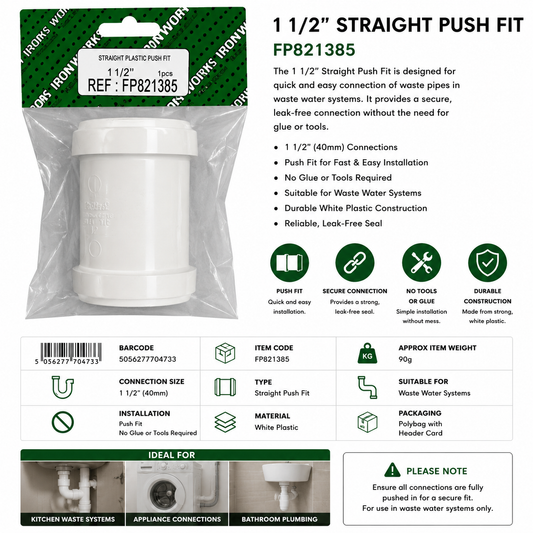 Iron Works 1 1/2" Straight Push Fit FP821385 – 40mm Waste Pipe Coupling