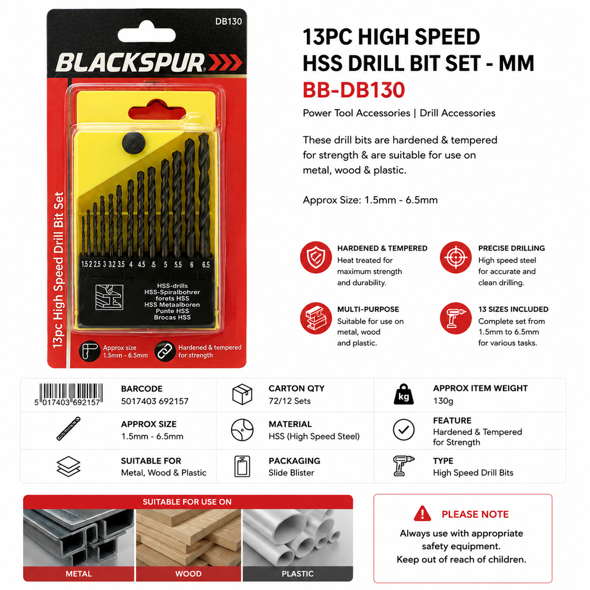 Blackspur 13PC HSS Drill Bit Set 1.5mm–6.5mm BB-DB130 – High Speed Steel Drill Bits - Default Title