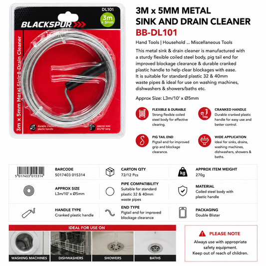 Blackspur 3m x 5mm Metal Sink & Drain Cleaner BB-DL101 – Flexible Drain Unblocker