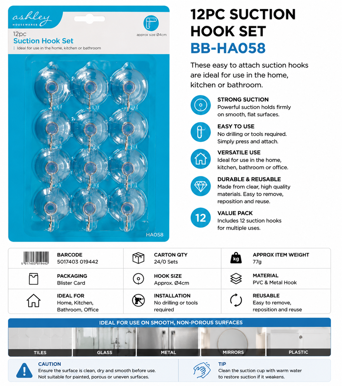Ashley 12PC Suction Hook Set – Clear Reusable Hooks for Kitchen & Bathroom