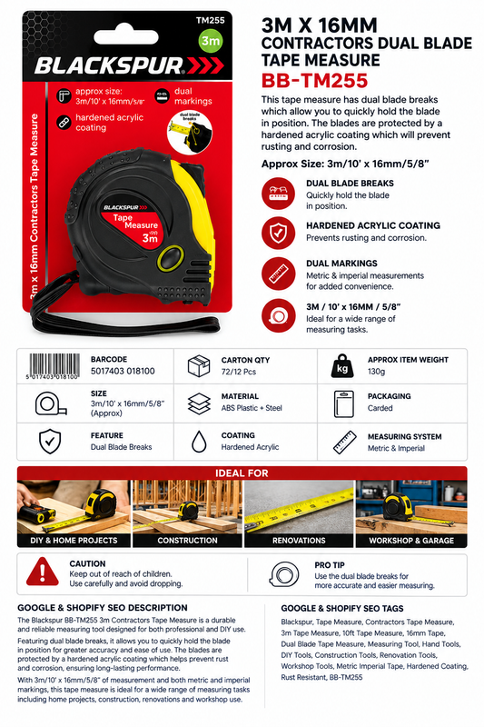 Blackspur 3m x 16mm Contractors Dual Blade Tape Measure