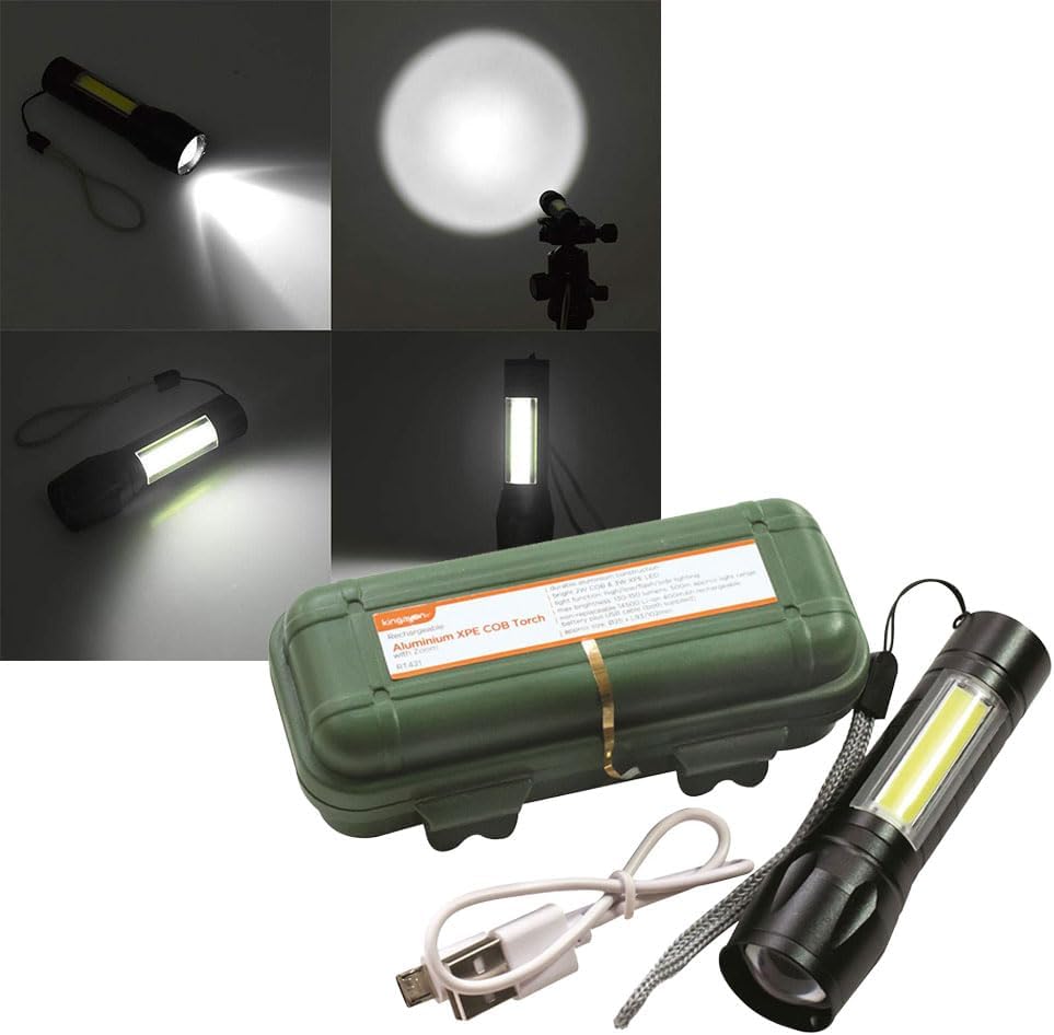 Kingavon Rechargeable Aluminium XPE COB Torch with Zoom – Black LED Torch