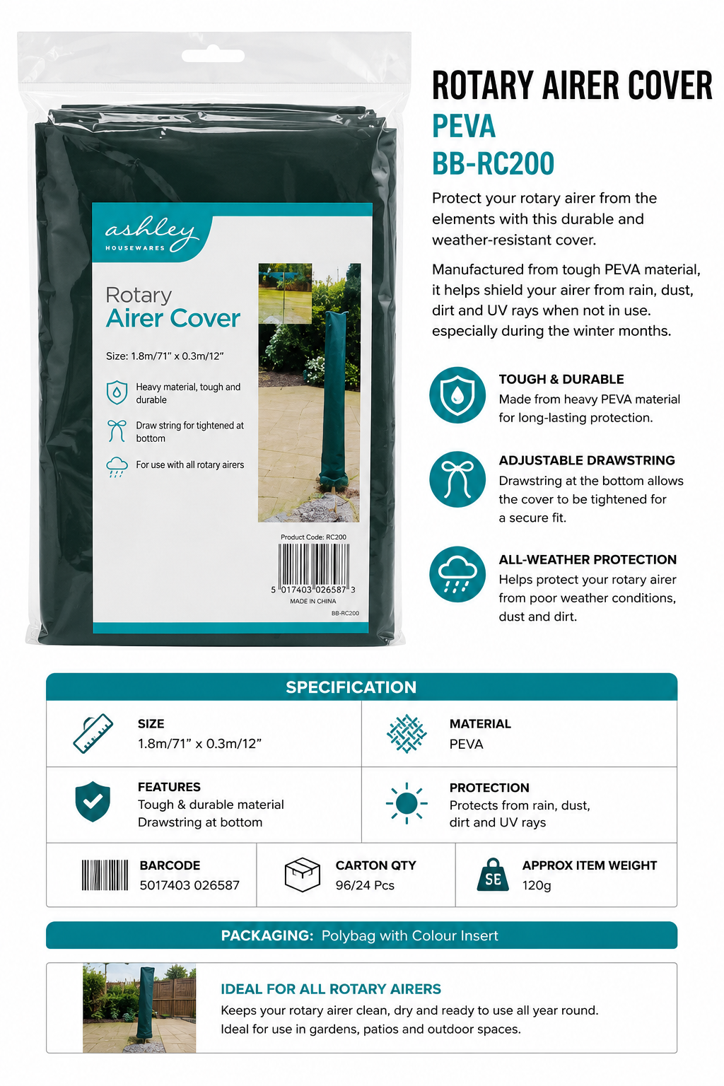 Ashley Rotary Airer Cover PEVA – Weather Protection Cover 1.8m x 0.3m