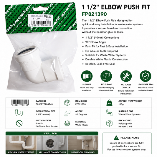Iron Works 1 1/2" Elbow Push Fit FP821390 – 40mm 90° Waste Pipe Fitting