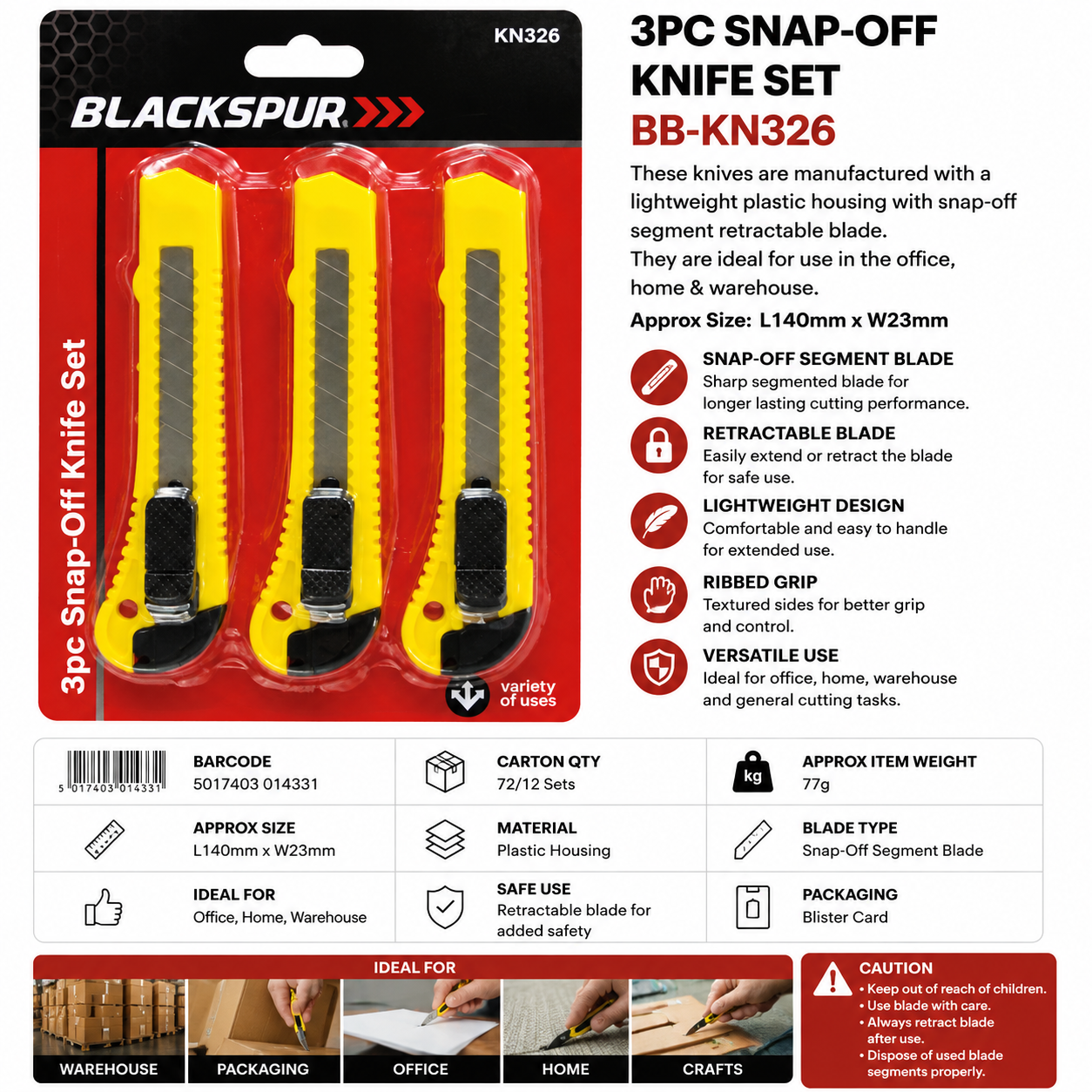 Blackspur 3PC Snap-Off Knife Set – Retractable Utility Cutting Knives