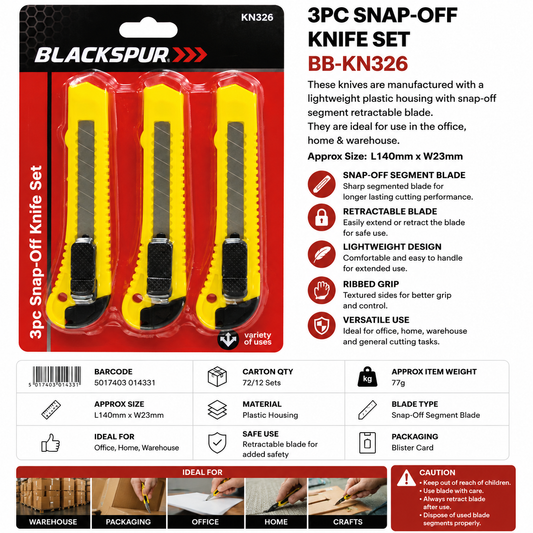 Blackspur 3PC Snap-Off Knife Set – Retractable Utility Cutting Knives
