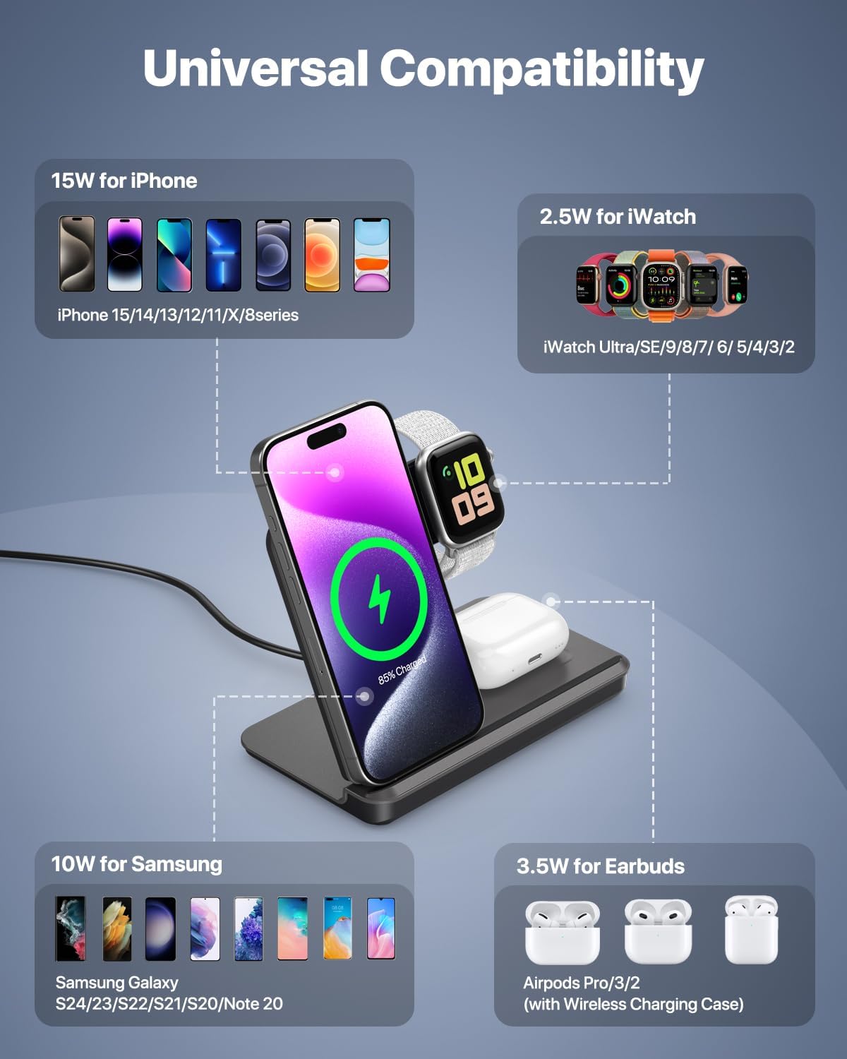 AOWIN Foldable Wireless Charger 3 in 1 Wireless Charging Station