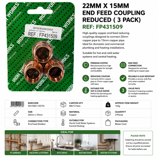 Iron Works 22mm x 15mm End Feed Reducing Coupler 3 Pack – Copper Plumbing Fittings