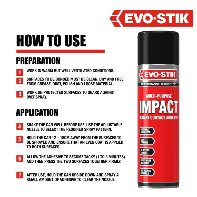 Evo-Stik Impact Adhesive 30g & 65gTube 250ml & 500ml Tin & 500ml Aerosole