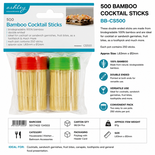 Ashley 500 Bamboo Cocktail Sticks – Double Ended Biodegradable Toothpicks