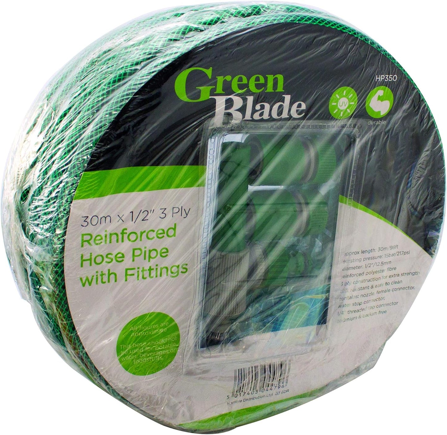 Green Blade 30m x 1/2" 3 Ply Reinforced Hose Pipe With Fittings