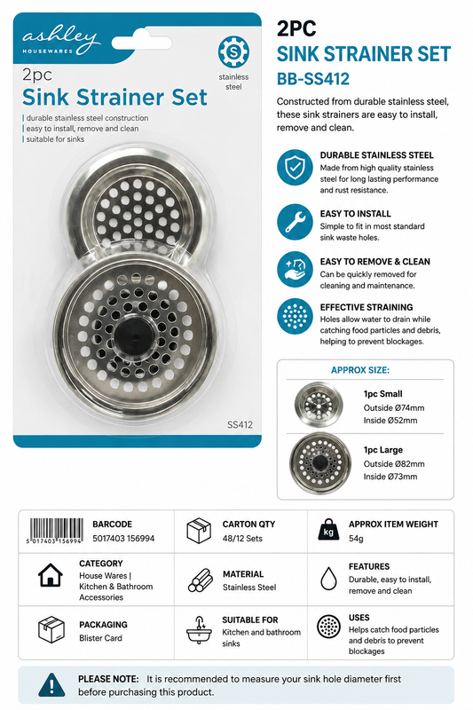 Ashley 2PC Stainless Steel Sink Strainer Set – Kitchen & Bathroom Drain Strainers