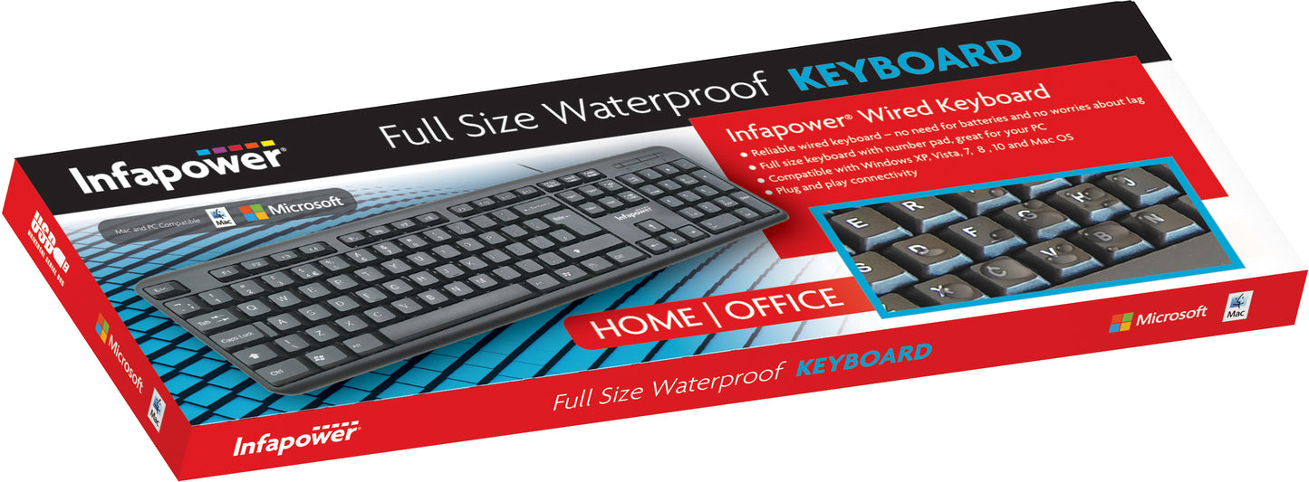 Infapower X201 Wired Waterproof Keyboard – Full Size USB Keyboard for PC & Mac