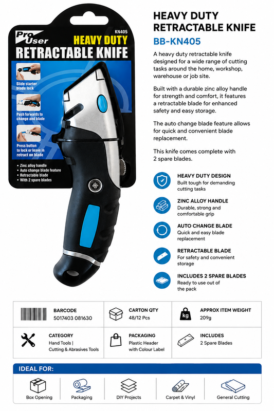 Pro User Heavy Duty Retractable Knife – Auto Change Utility Knife with 2 Spare Blades