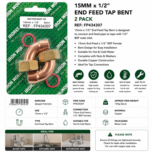 Iron Works 15mm x 1/2" End Feed Bent Tap Connector 2 Pack FP434307