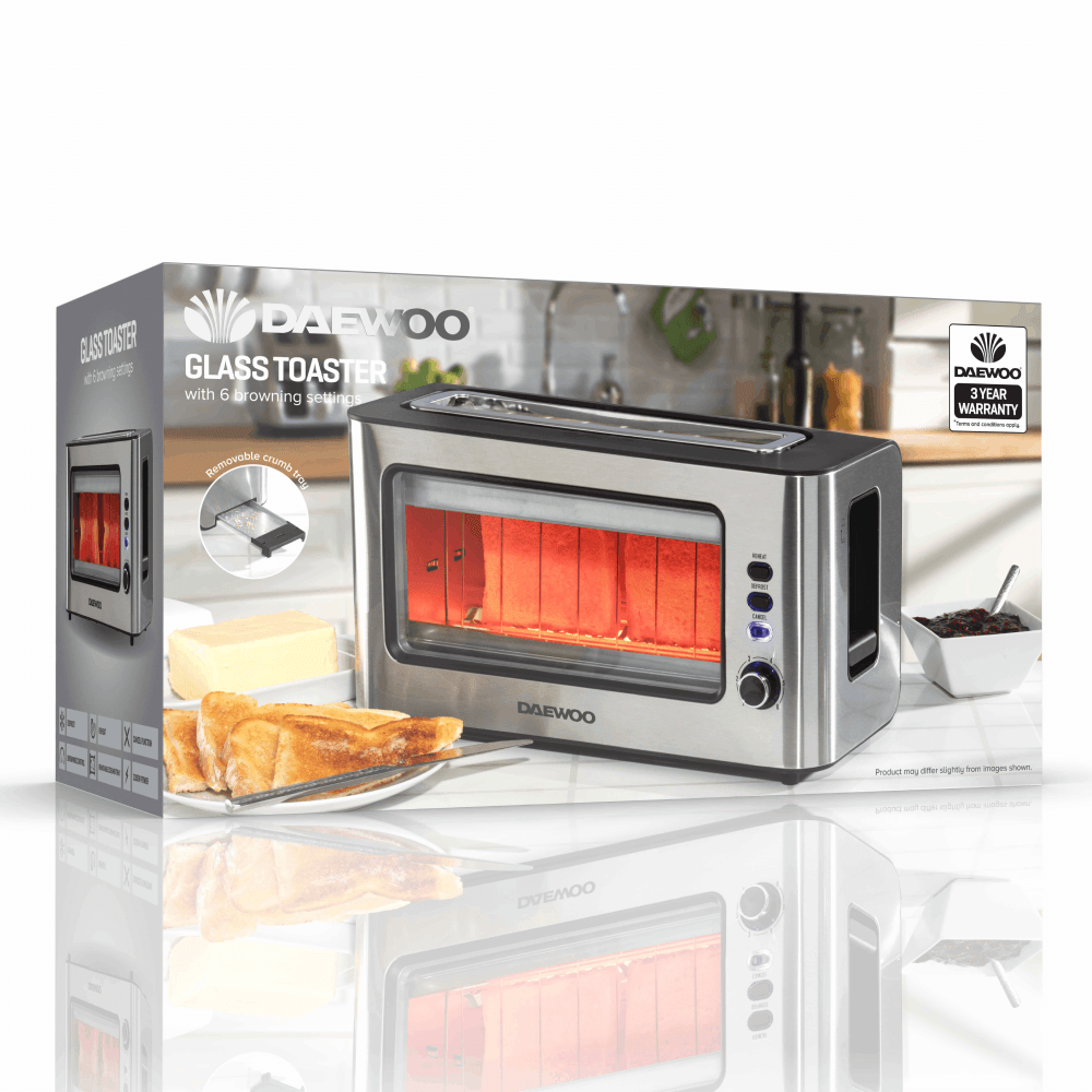 Daewoo 2 Slice Glass Toaster 900w Wide Slot Transparent Viewing