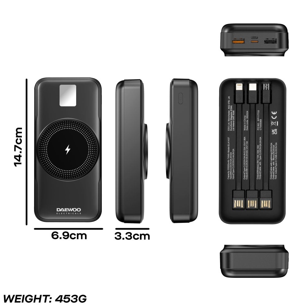 Daewoo 20000mAh Portable Power Bank with Built-in Cables
