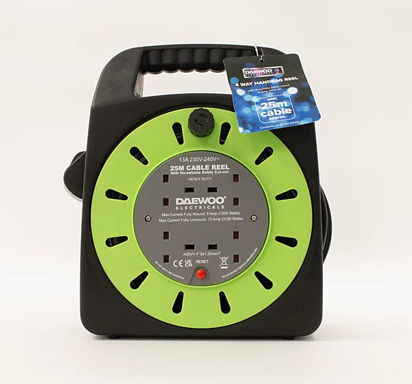 Daewoo 4 Way Socket Outlet 25m Electrical Extension Reel Cable Lead Freestanding Heavy Duty