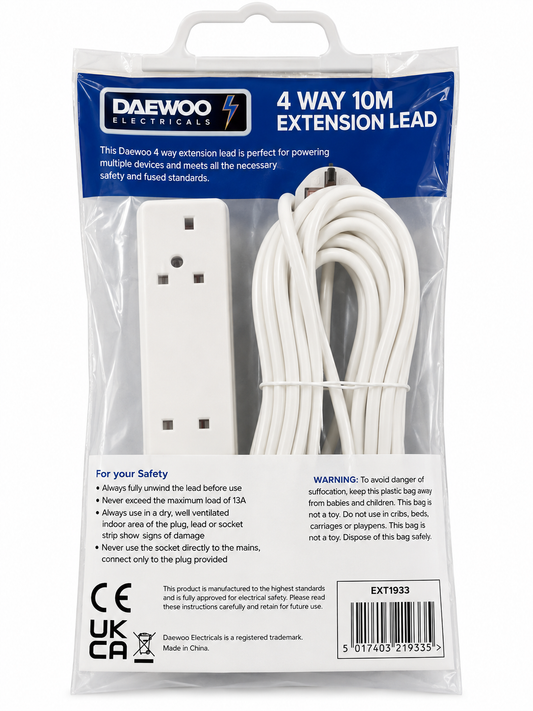 Daewoo 4 Gang Standard Extension Lead 10 Metre – 4 Socket UK Mains Extension - Default Title - Default Title