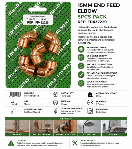 Iron Works 15mm End Feed Elbows 5 Pack – Copper 90° Plumbing Fittings