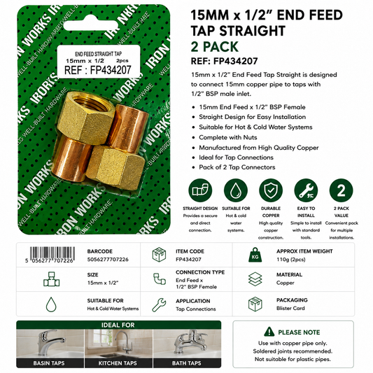 Iron Works 15mm x 1/2" End Feed Straight Tap Connector 2 Pack FP434207