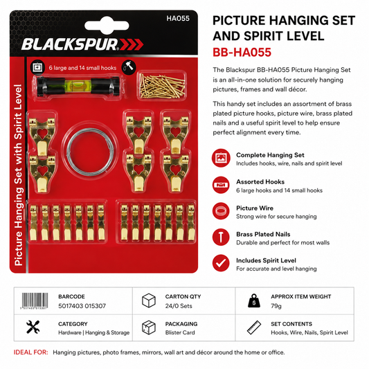 Blackspur Picture Hanging Set with Spirit Level – Hooks, Wire & Nails