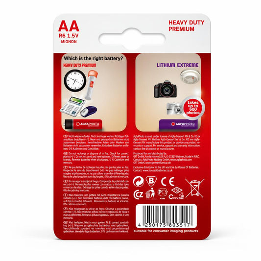 Back view of AgfaPhoto AA Heavy Duty Premium Batteries packaging with barcode