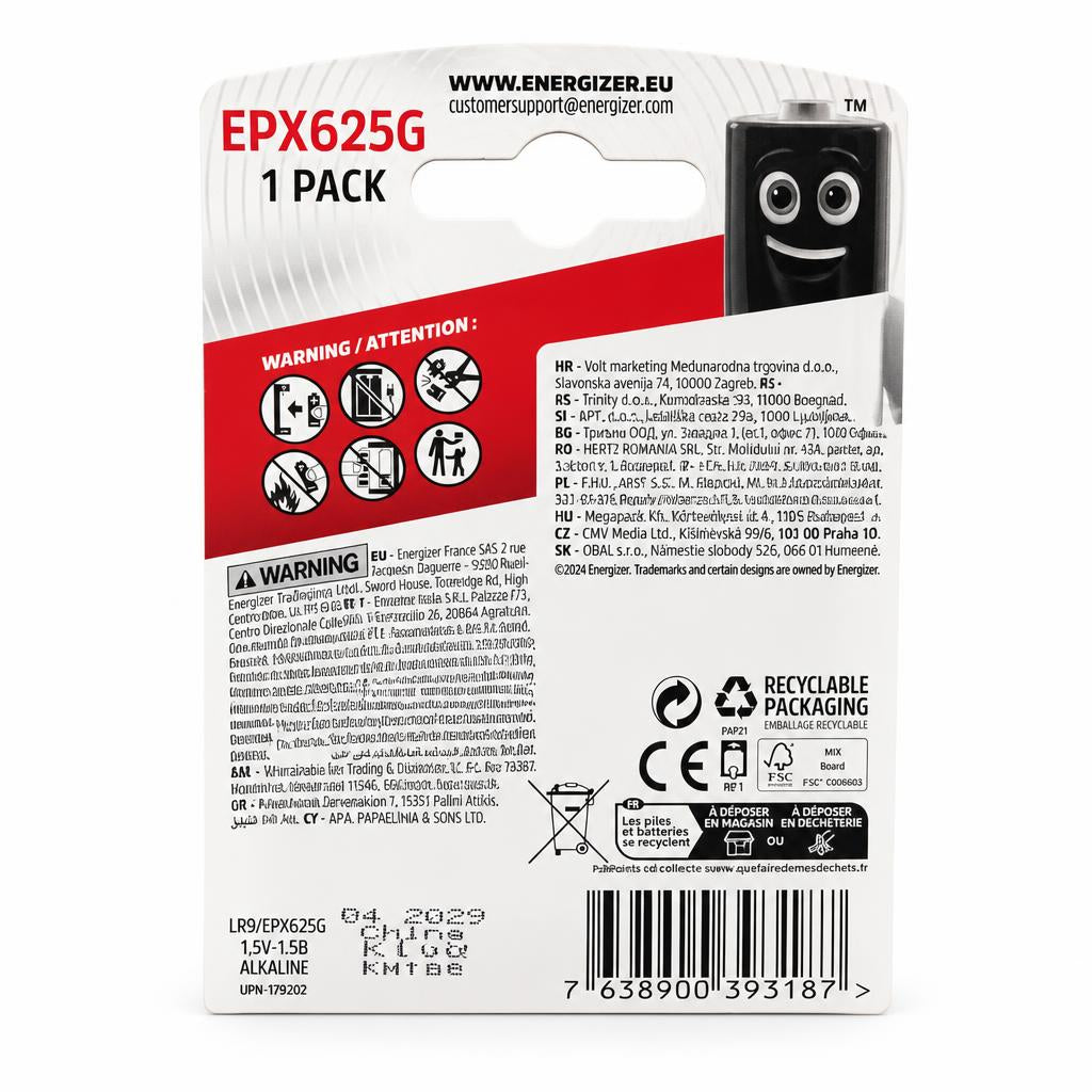 Energizer EPX625G 1.5V Alkaline Battery packaging back view