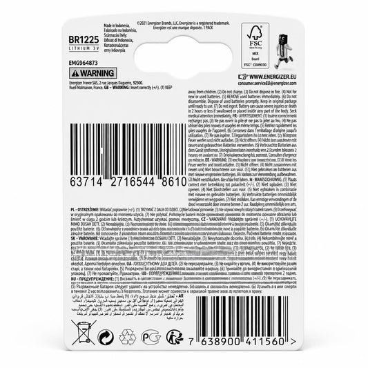 Back of Energizer 1225 Lithium Battery packaging with details