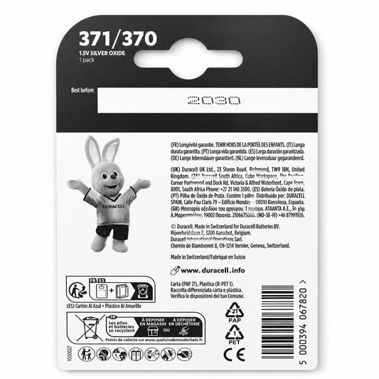 Back packaging of Duracell 371/370 Silver Oxide Battery