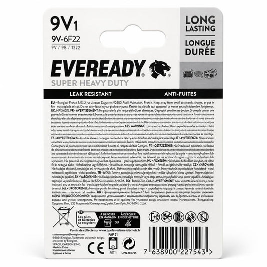 Back of Eveready Super Heavy Duty 9V Battery Packaging