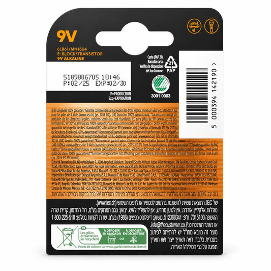 Duracell Plus 9V battery back packaging with specifications
