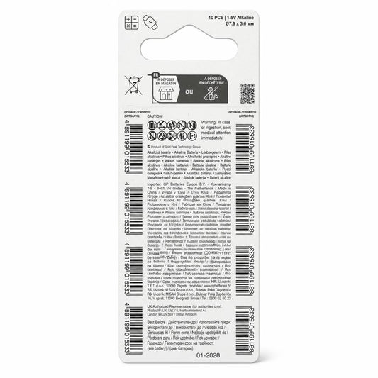 GP Ultra+ 192 1.5V alkaline batteries 10 pack back view
