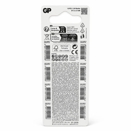 Back view of GP Alkaline Cell A76 1.5V Pack of 10 with details