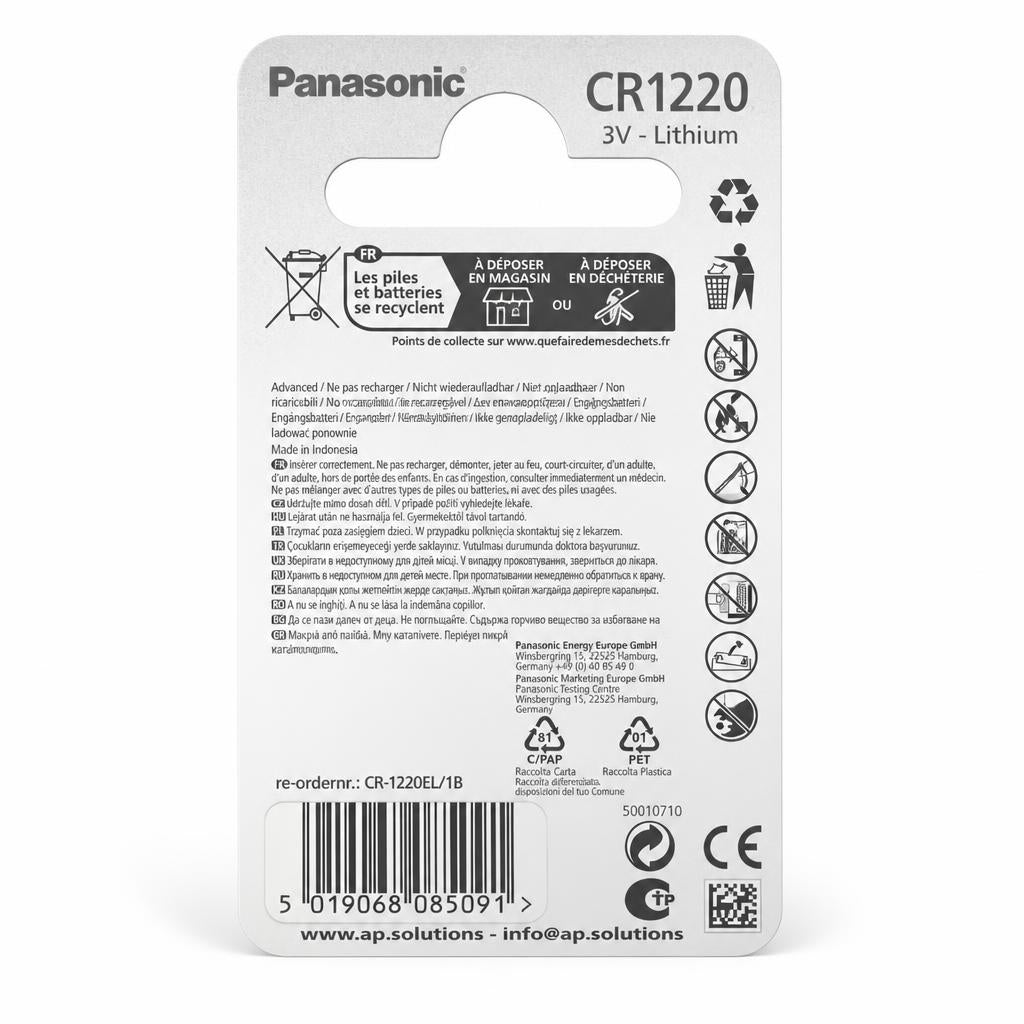 Back view of Panasonic CR1220 Lithium Coin Battery packaging